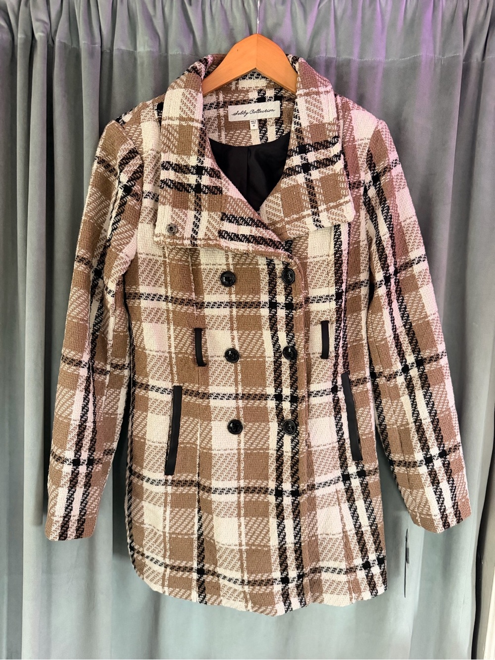 Double-Breasted Plaid Pea Coat in Beige/Tan by Ashley Anniston